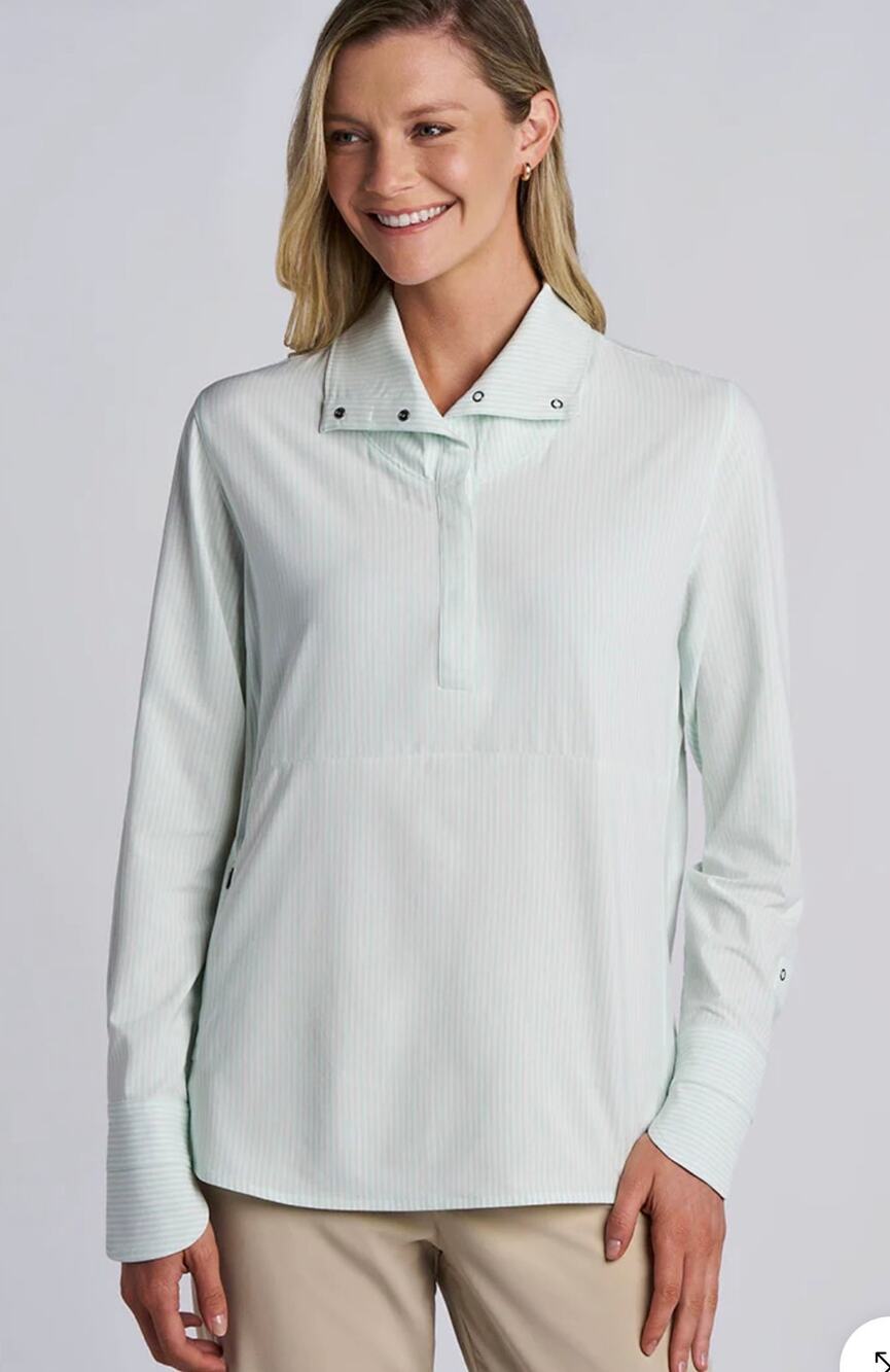 Coolibar Catona Striped UPF 50+ Funnel Neck Long Sleeve Top Green White Women XS